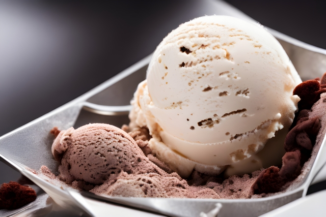バニラとチョコのアイスクリームが皿に盛られている写真