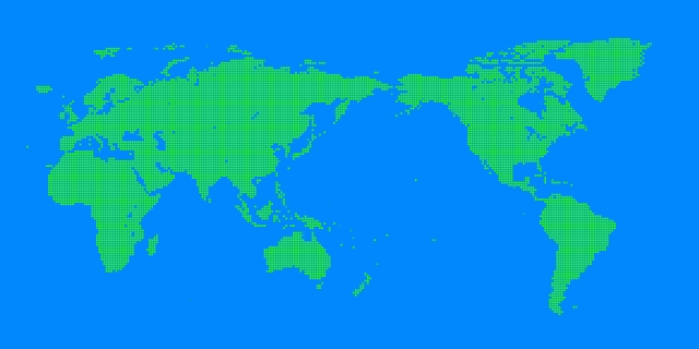 水色の背景に描かれたデジタル様式の世界地図
