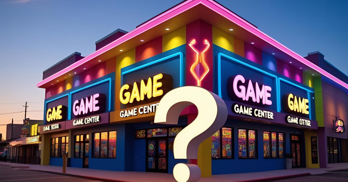 ゲームセンターの建物とハテナ