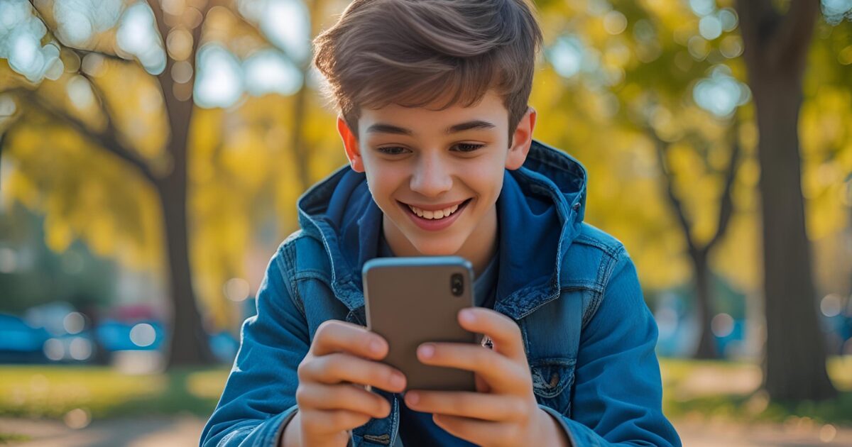 スマホゲームをしている少年