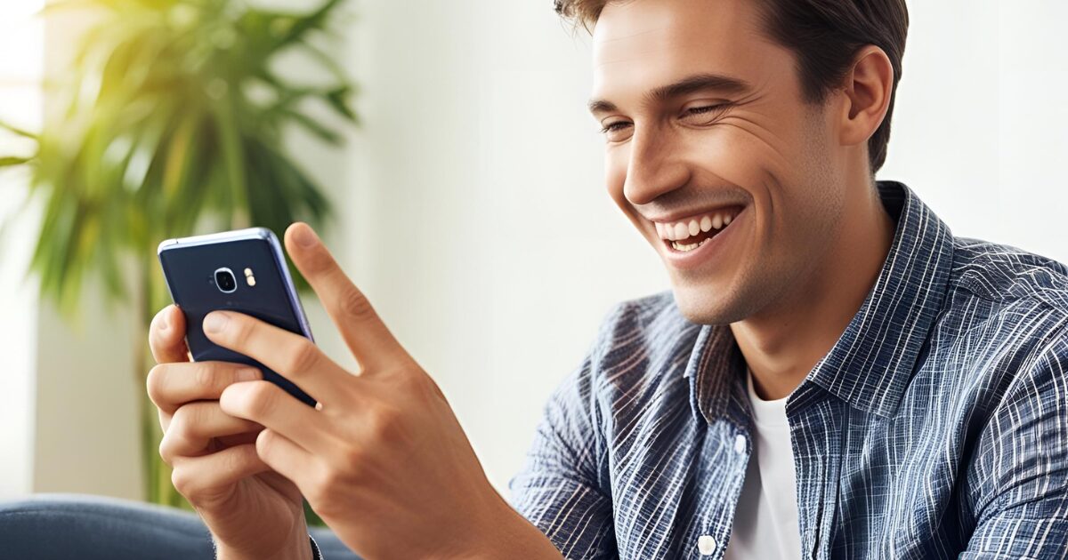 楽しそうにスマホゲームをする男性