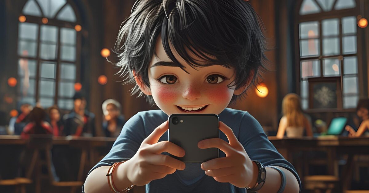 スマホゲームをしている少年