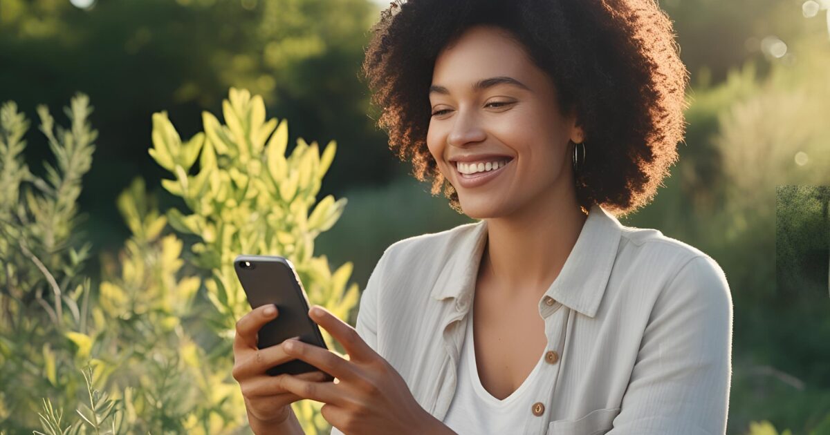 笑顔の女性がスマホゲームをしている