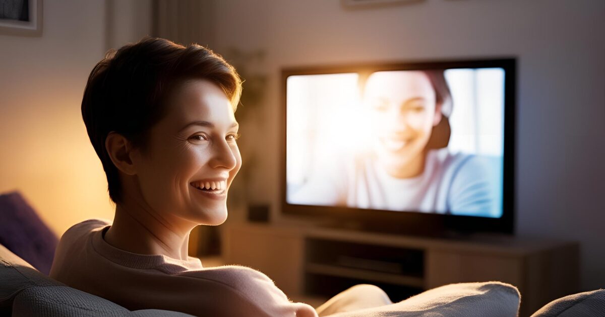 テレビの前で笑っている女性