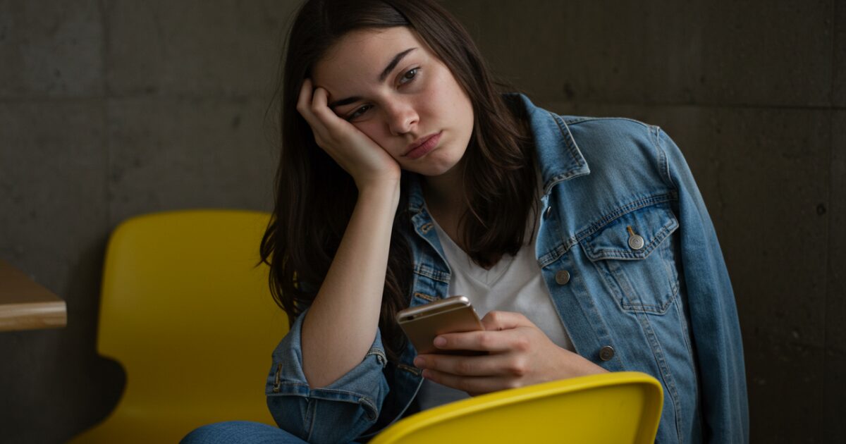 退屈そうな女性がスマホを持っている