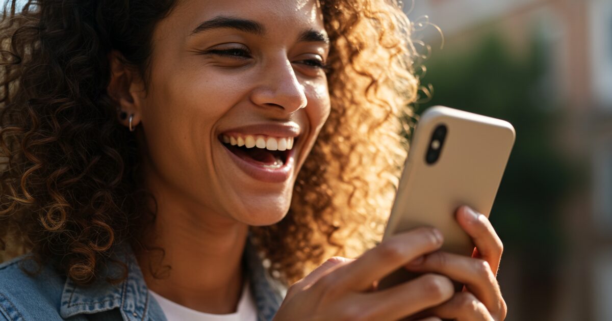 楽しそうにスマホを見る女性