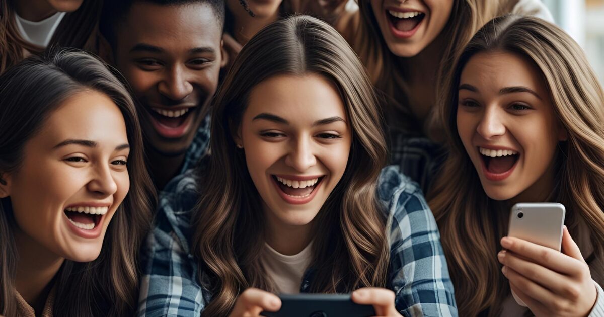 スマホに画面を見て笑顔の人たち