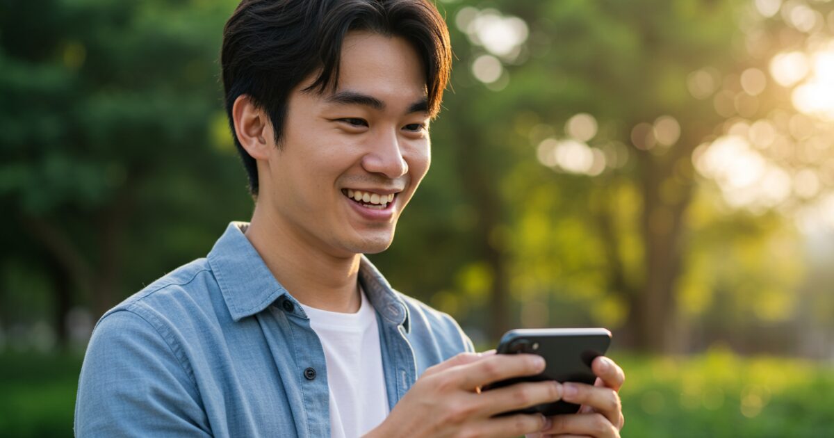笑顔の男性がスマホを持っている