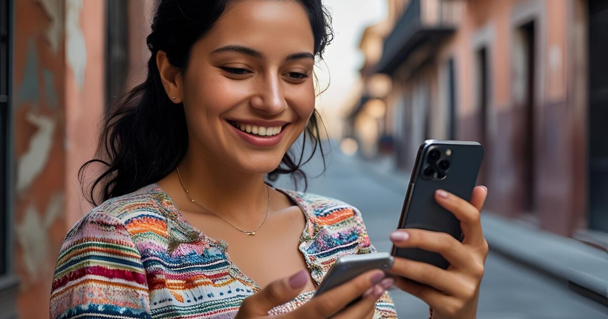 笑顔でスマホを見る女性