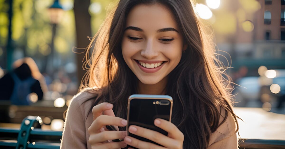 笑顔の女性がスマホをもっている