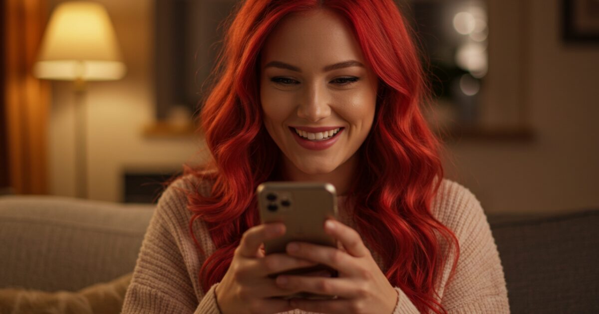 笑顔の女性がスマホを見ている