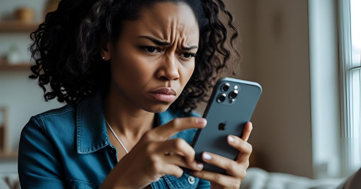 不機嫌そうにスマホを持つ女性