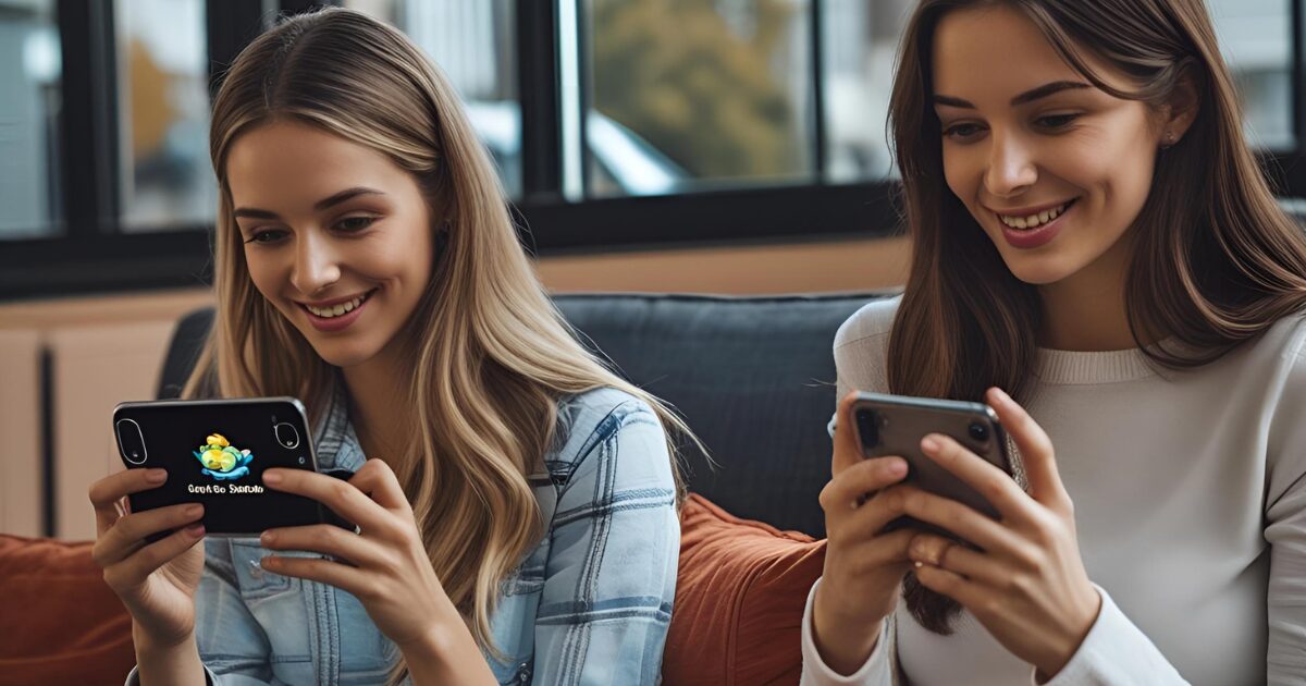 女性二人がスマホを見ている
