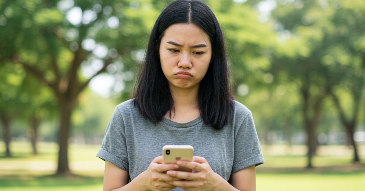 つまらなそうな女性がスマホを持っている