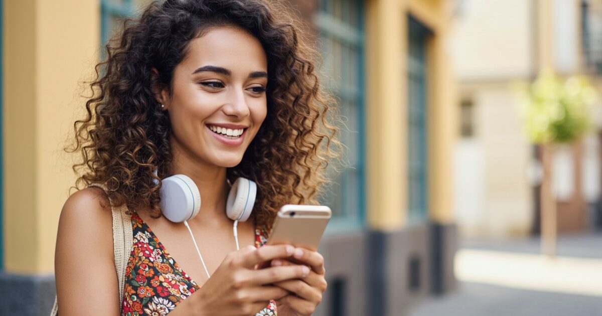 楽しそうにスマホを見る女性