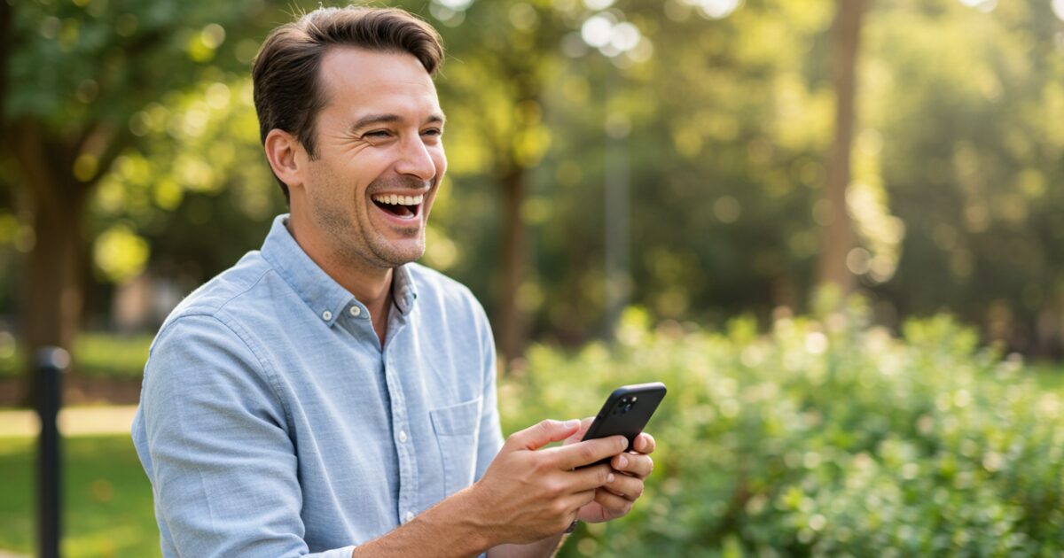 スマホを持った男性が笑っている