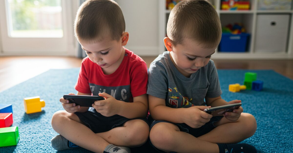 双子の少年がゲームをしている